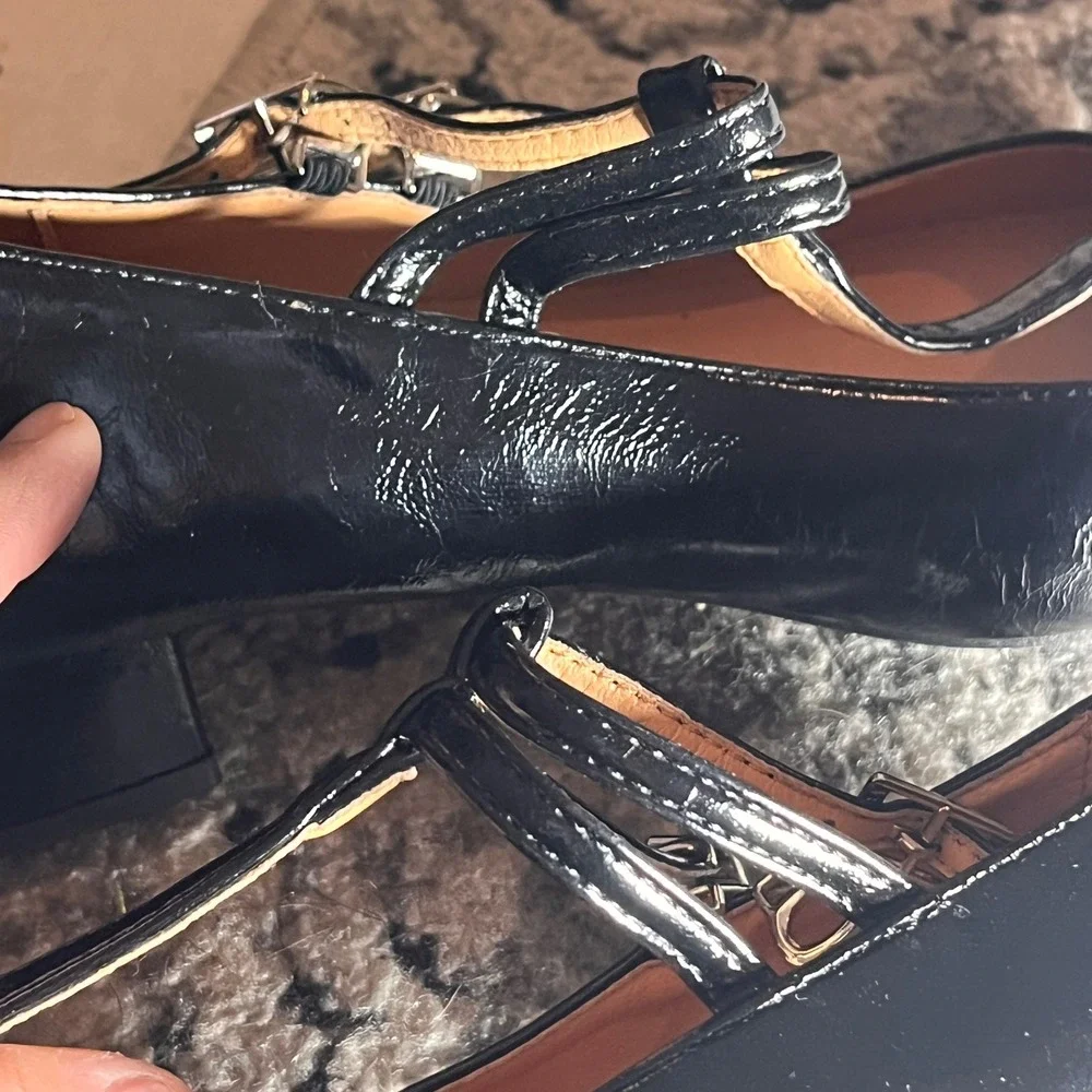 Snyth Black Patent Leather Double T Strap Mary Jane Block Heel Pumps EU 40